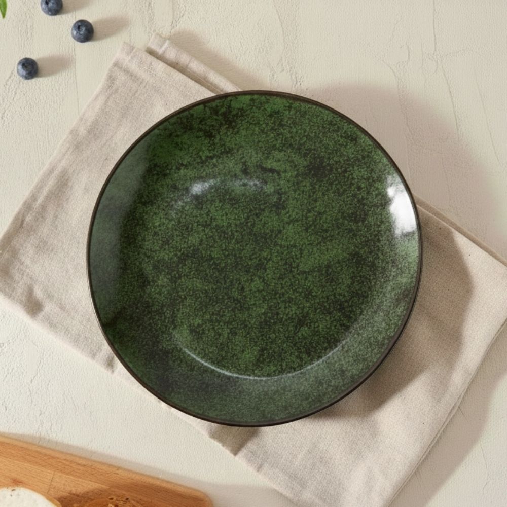 emerald green ceramic full plate set of 6 round plates with textured glazed finish for dining and serving